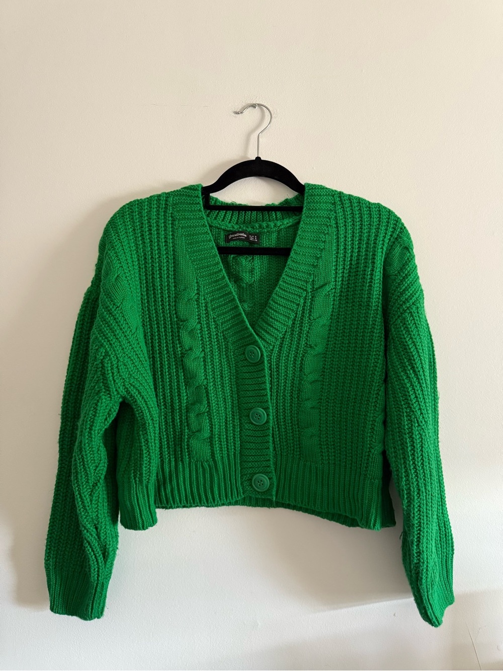 Stradivarius Green Cropped Cable Knit Cardigan - size small